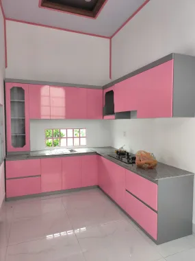 Tủ Bếp Nhựa Ecoplast Chữ L Màu Hồng Phối Xám Độc Đáo | Nội Thất QL Home